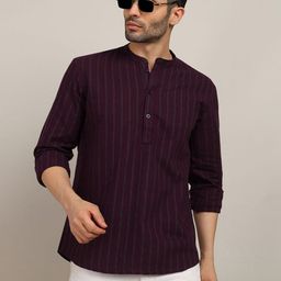 HERE&NOW Striped Mandarin Collar Pure Cotton Straight Kurta-image-3