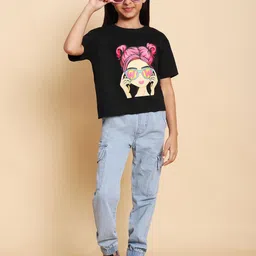 HERE&NOW Girls Printed Short Sleeves Pure Cotton T-shirt With Joggers-picture-4