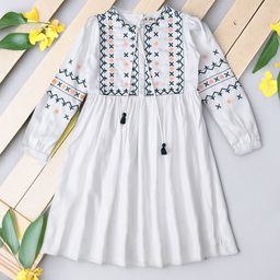 Bella Moda Girls Floral Embroidered Cuffed Sleeve Cotton Fit & Flare Dress-image-88