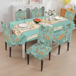 Cortina 7 Pcs Turquoise Blue & Green Printed Table Cover & Dining Chair Cover-image-95
