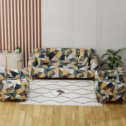 Aura Yellow & Blue Printed Polyester 3 Piece Sofa Cover With Arms-image-13