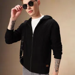 Dennis Lingo Men Black long Sleeves Hooded neck Front Open Zip Closure Cable Knit Cardigan-image-11
