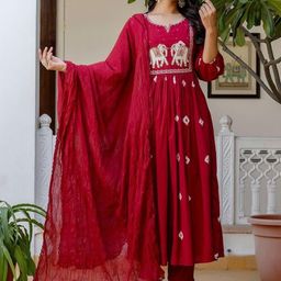 AREEH Women Bandhani Embroidered Cotton Anarkali Kurta with Trousers & Dupatta-image-56
