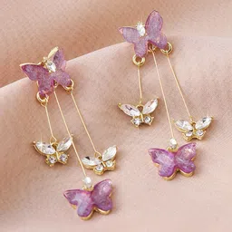 KRENOZ Gold-Plated Artificial Stones Studded Butterfly Shaped Drop Earrings-13
