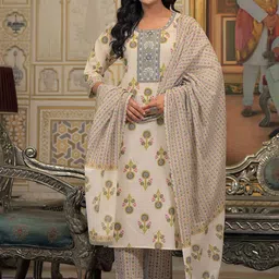 AARDRAA Women Floral Printed Regular Sequinned Pure Cotton Kurta with Trousers & With Dupatta-15