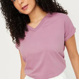 max Women Solid V-Neck Pure Cotton T-shirt-image-55