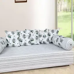 Luxmi Cotton Fabrics 8-Pcs White & Green PrintedDiwanSet-51