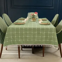 URBAN SPACE Green & White Printed Embroidered Cotton Anti-Slip 6-Seater Table Cover-15
