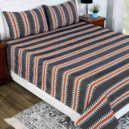 Aura Rust Brown & White Striped Cotton Double King Bed Cover-33