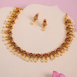 Kushal's Fashion Jewellery Ruby Gold-Plated Ethnic Antique Necklace-43