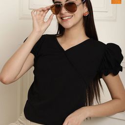 Metronaut Women Solid V-Neck Puff Sleeve Regular Peplum Top-image-76