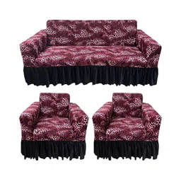 GIFTS ISLAND Maroon & White Printed Polyester 3 Piece Sofa Cover With Arms-48