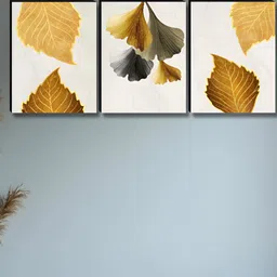 Aura White & Gold-Toned 3 Pieces Leaves Printed Wooden Wall Paintings-13