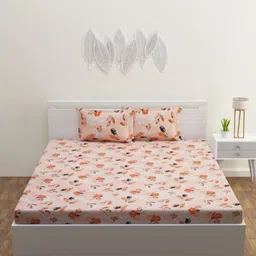 HAPPY HUES Peach-Coloured & White Floral 180 TC King Bedsheet with 2 Pillow Covers-image-73