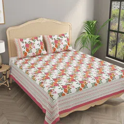 Gulaab Jaipur White & Pink Floral 400 TC King Bedsheet with 2 Pillow Covers-image-36