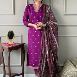 BAPS Women Floral Embroidered Regular Kurta with Trousers & With Dupatta-picture-53
