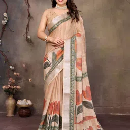 Shriyangan Floral Printed Zari Pure Linen Block Print Saree-37