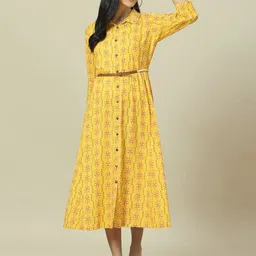 Rangriti Floral Printed Shirt Collar Belted Shirt Midi Dress-image-41