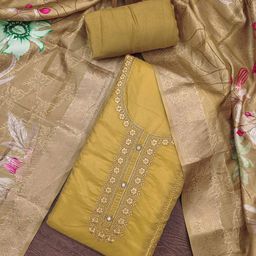 Blissta Floral Embroidered Thread Work Organza Unstitched Dress Material-image-36