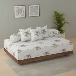 SWAYAM Beige & White 6 Pieces Floral Printed Cotton Diwan Set-30