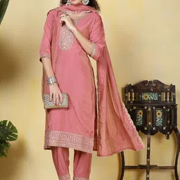 Meena Bazaar Women Ethnic Motifs Embroidered Regular Sequinned Kurta with Trousers & With Dupatta-image-98