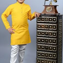 Qtsy Boys Floral Embroidered Band Collar Sequinned Pure Cotton Kurta With Trousers-49