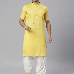 RAJUBHAI HARGOVINDAS Geometric Woven Design Mandarin Collar Pure Cotton Straight Kurta-image-75
