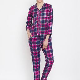 MJ LIFE STYLE Women Navy Blue & Pink Checked Cotton Night Suit Set-image-23