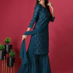 PARROT CREATION Geometric Embroidered Thread Work Kurta With Sharara And Dupatta image 2