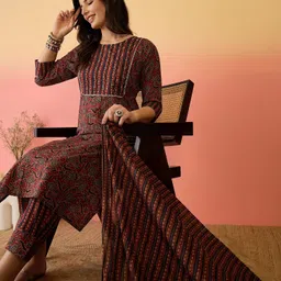 Sangria Maroon Ethnic Motifs Printed Pure Cotton Kurta With Trouser And Dupatta-image-22