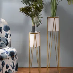THREADVIBE LIVING Set Of 2 White & Yellow Metal Triangle Planters With Stand-1