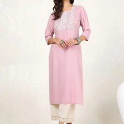 Soch Pink Floral Yoke Design Round Neck Sequinned Straight Kurta-image-27