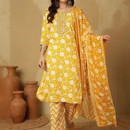Sangria Mustard Floral Printed Mirror Work Straight Kurta With Trouser And Dupatta-image-22