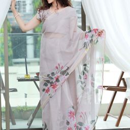 PYOS Floral Printed Zari Organza Saree-image-48