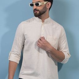 Crimsoune Club Band Collar Linen Straight Kurta-image-92