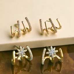 KRENOZ Set Of 2 Gold-Plated Crystals Studded Contemporary Studs-30