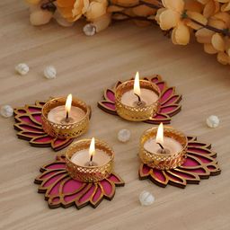 PUFFSMART Pink 4 Pieces Lotus Decorative Tea Light Candle Holders-9