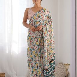 ROOP SUNDARI SAREES Floral Printed Mirror Work Pure Georgette Saree-image-24