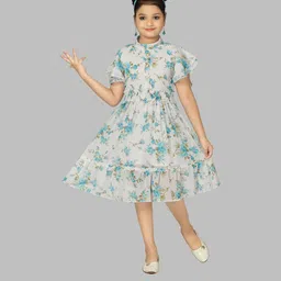 Nickys Disegno Floral Print Flared Sleeve Net Midi Dress-image-7