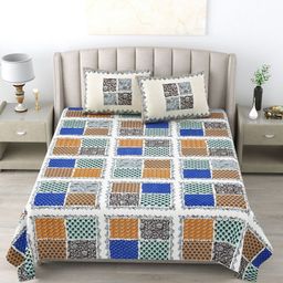 Wayne Martin White & Blue Floral 300 TC Pure Cotton King Bedsheet With 2 Pillow Covers-image-72