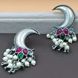BLACKBOX Artificial Stone Studded Oxidised Cresent Moon Shaped Drop Earring-15