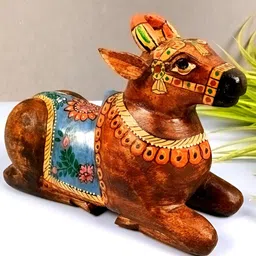 apka mart Brown And Yellow Relegious Nandi Cow Idol Wooden Showpiece-image-1