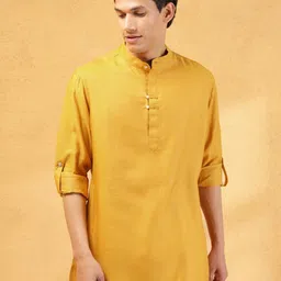 Fabindia Band Collar Roll-Up Sleeves Straight Short Kurta-image-7