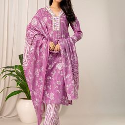 Jasoriya Floral Printed Thread Work Pure Cotton Straight Kurta With Trousers & Dupatta-13