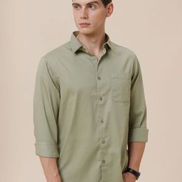 Crocodile Men Solid Spread Collar Cotton Casual Shirt-image-6