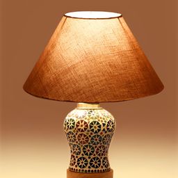 Devansh Grey & White Textured Wooden Frustum Shaped Table Lamp With Mosaic Glass Base image 2