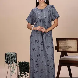 9shines Label Women Floral Printed Round Neck Maxi Regular Nightdress-48