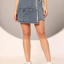 DOLCE CRUDO Saffron Bloom Denim Tie-Up Skorts Mini Skirt-image-12