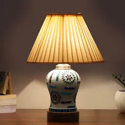 Devansh Off White Printed Frustum Shaped Wooden Table Lamp With Mosaic Glass Base-17