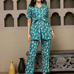 Sangria Printed Pure Cotton Top With Trousers Co-Ords-42